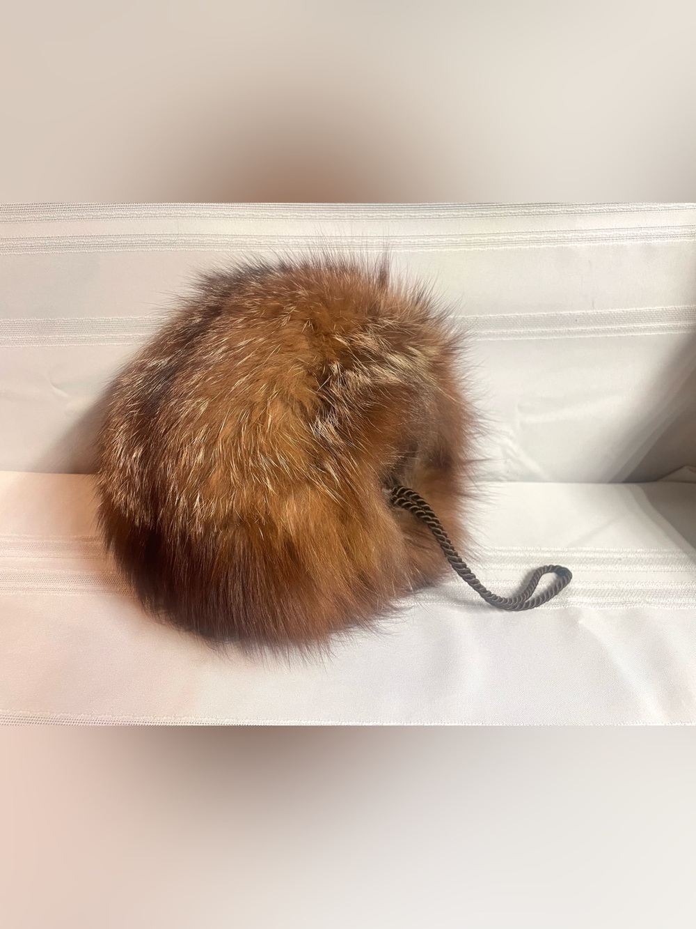 Vintage Hand Muff Fox Fur Satin Lining w Zippered Compartment & Carrying Cord